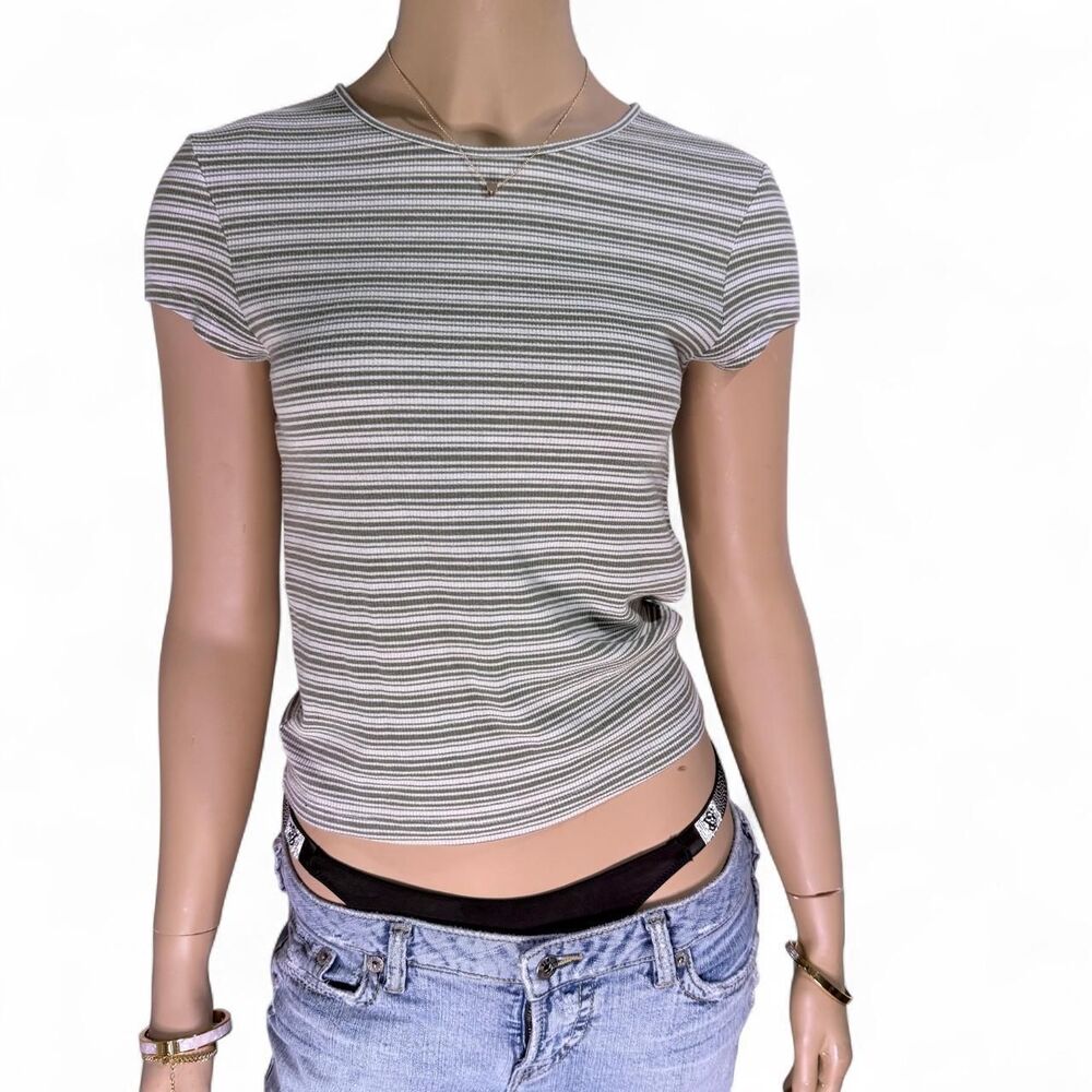 American Eagle Striped Ribbed Baby Tee Womens Small Cropped Y2K Basic Olive